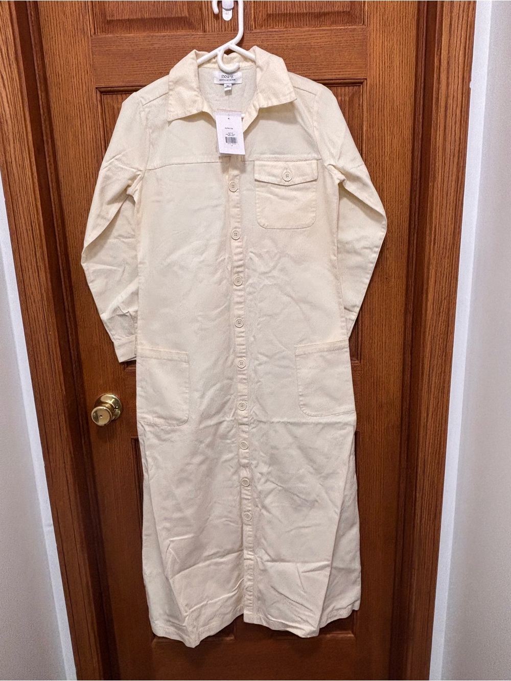 INSPR Long Twill Utility Jacket Maxi Shirt Dress in Sweet Corn. Sz XS. NWT